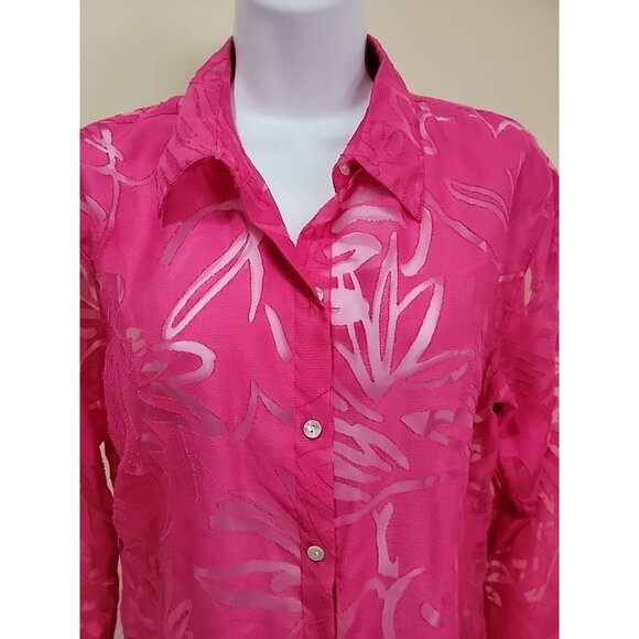 Chico’s Size 1 (M/8) Pink Button Front Sheer Blouse LS Floral Burnout Shirt - Picture 3 of 11